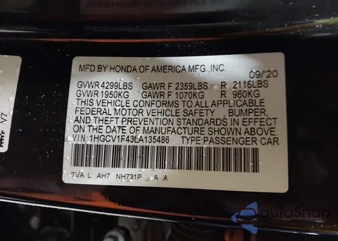 2020 Honda Accord Ex z USA, uszkodzony, nr VIN 1HGCV1F43LA135486